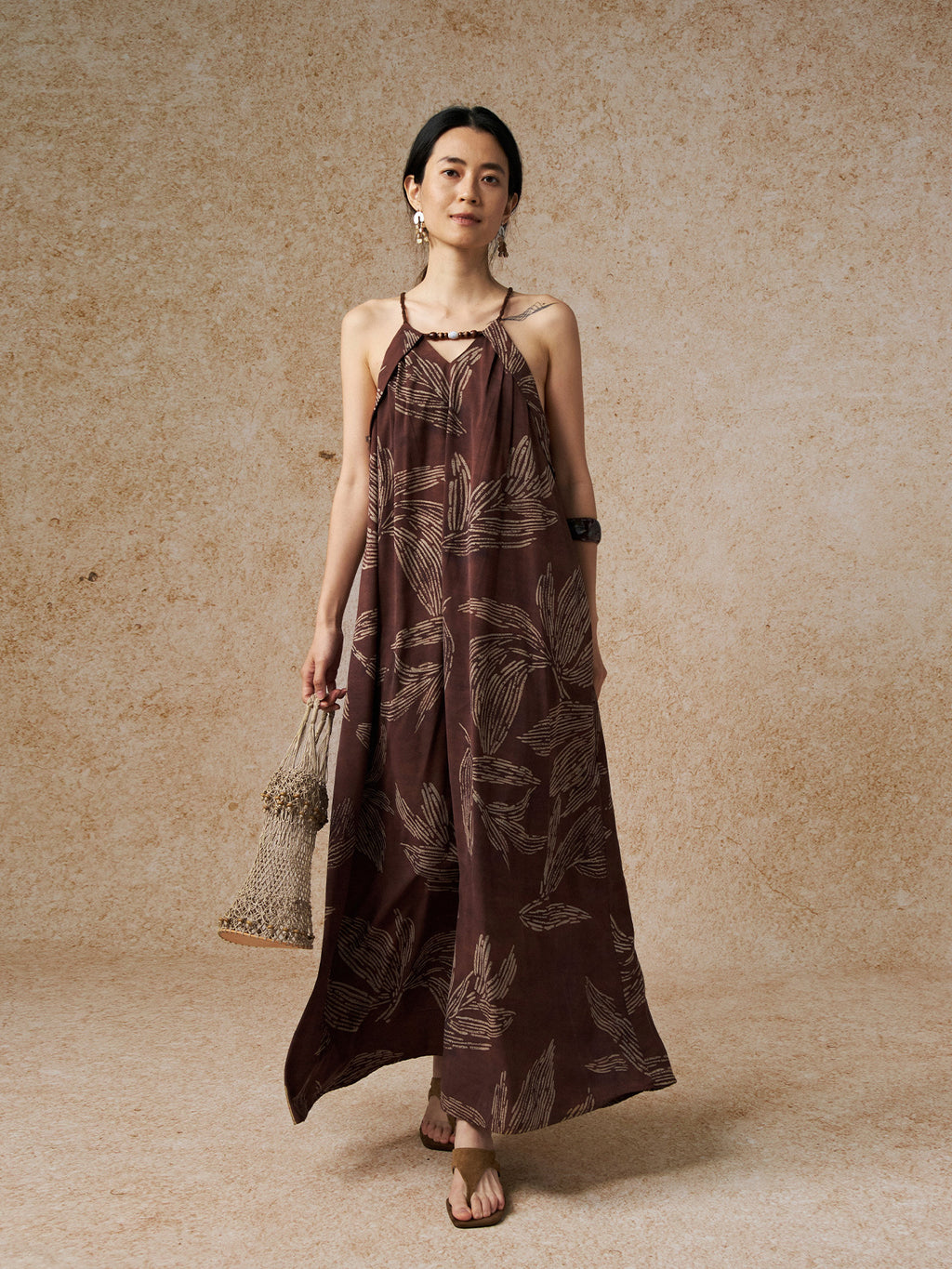 Vacation Style Leaf Pattern Halter-neck Breathable Maxi Dress