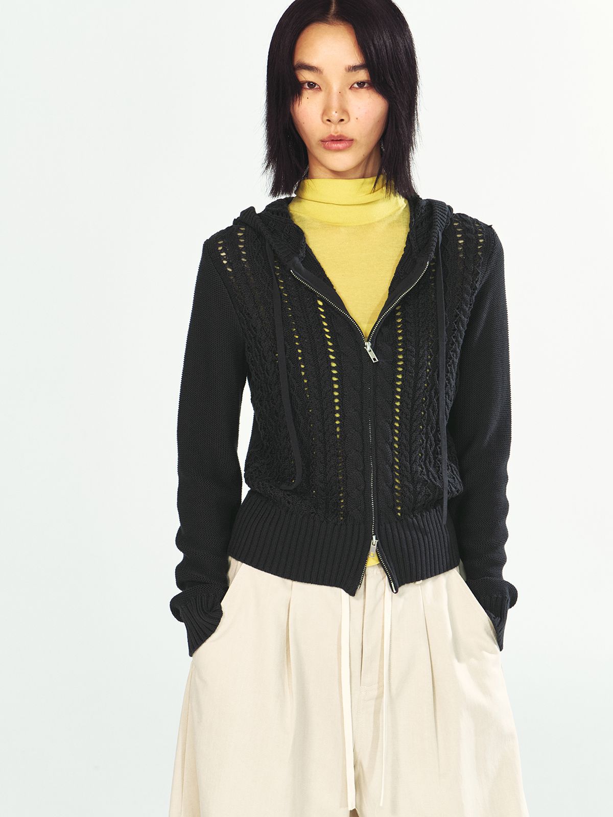 Openwork Cable-Knit Zip-Up Hooded Cardigan