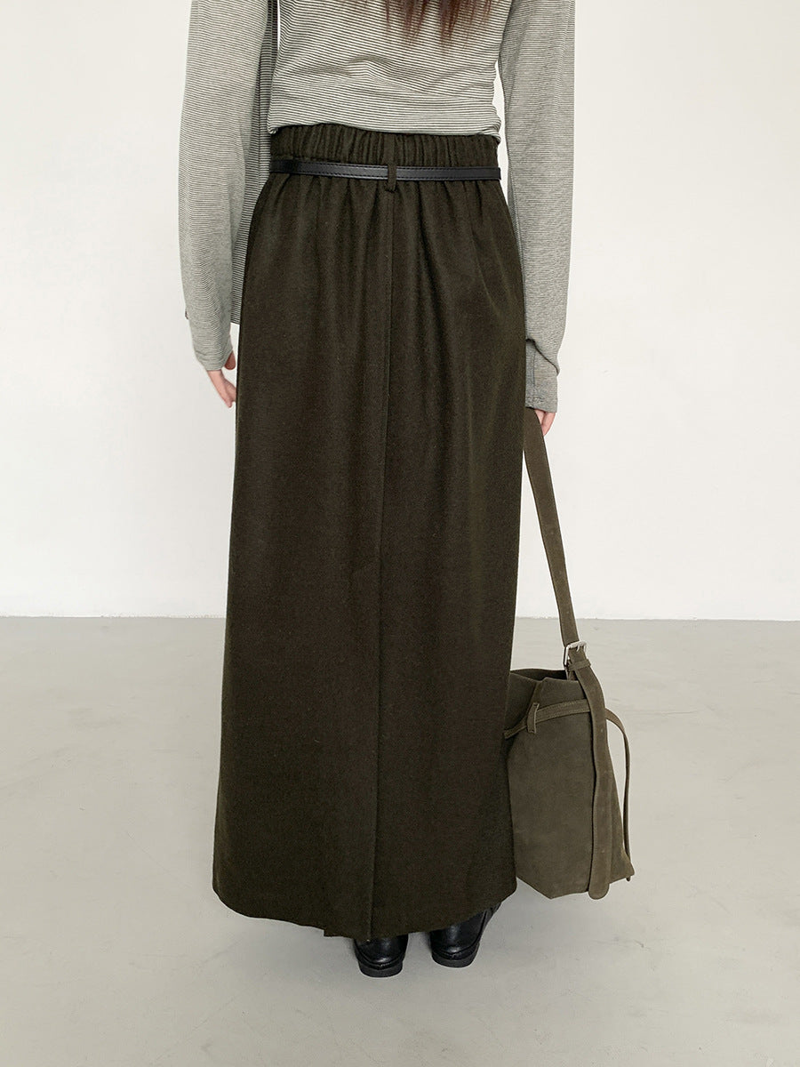 Hepburn Style Wool Straight Cut Maxi Skirt with Stylish Rope Belt
