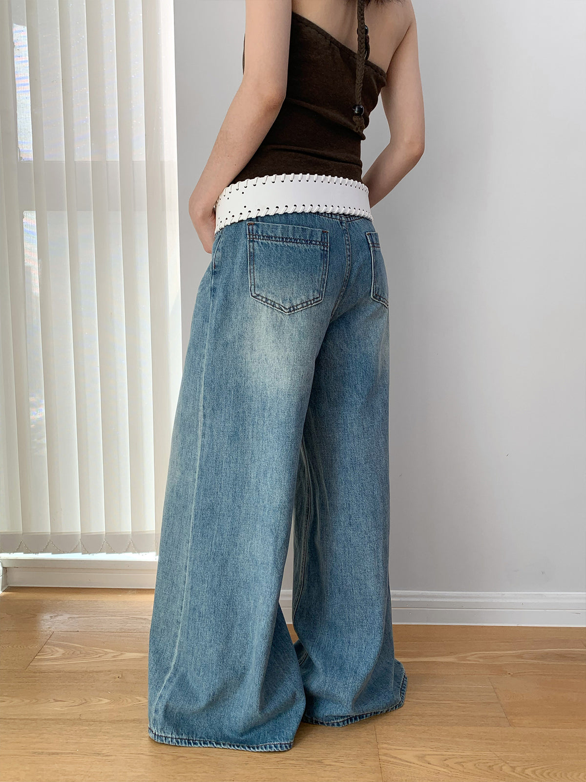 High-Waist Wide-Leg Washed Long Baggy Jeans