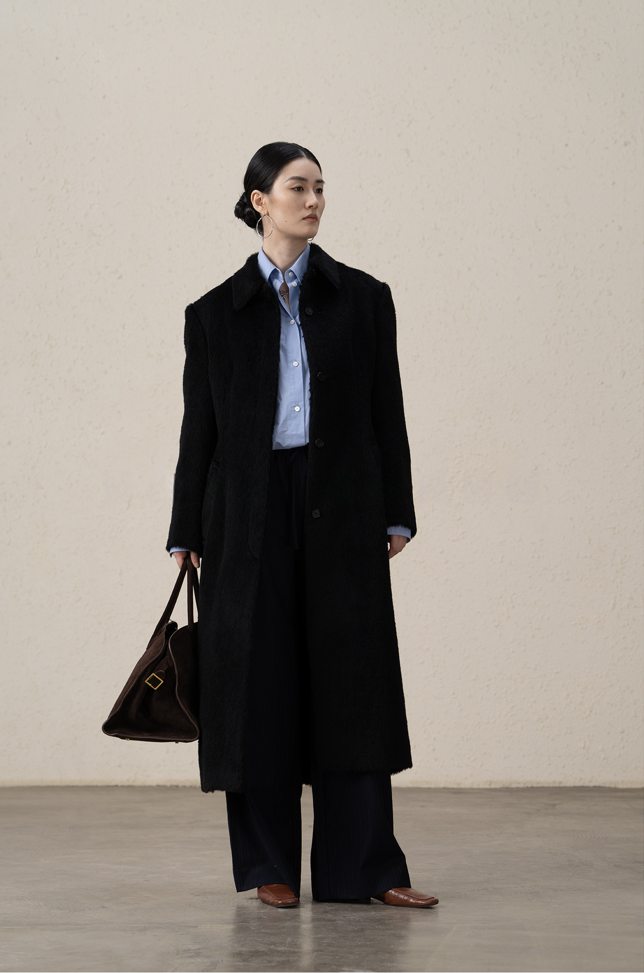 Suri Alpaca & Merino Wool Buttoned Shearling Long Coat