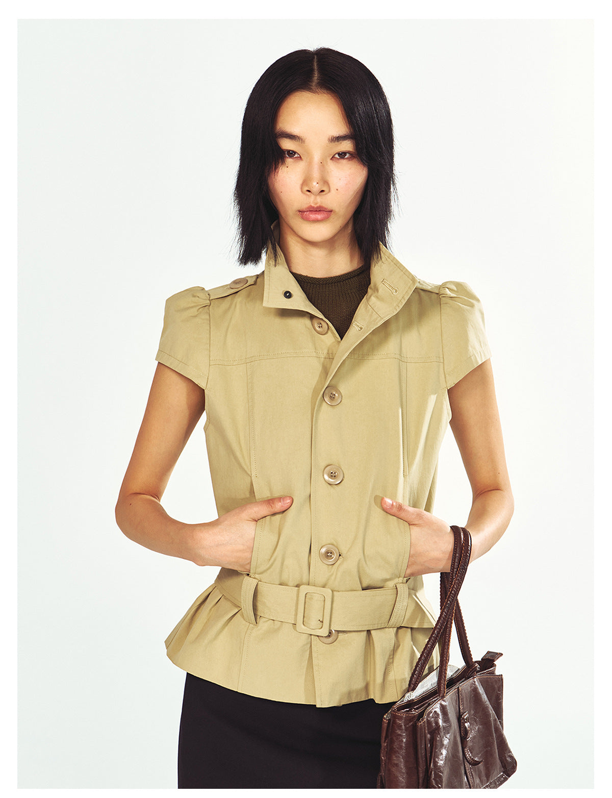 Fashionable Stand Collar Single-Breasted Buckle Lace-Up Jacket Top