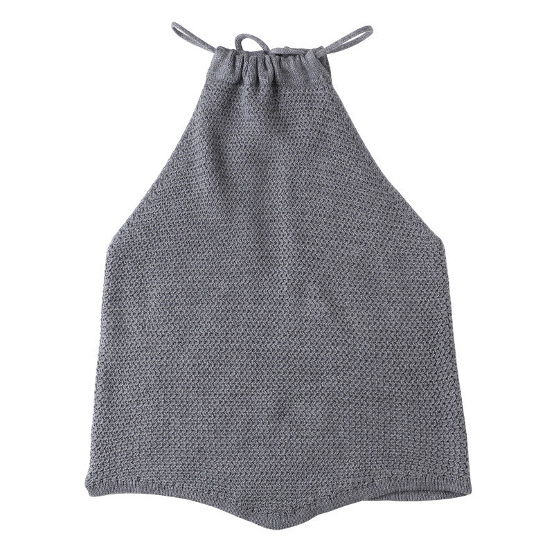 Backless Cotton Knit Drawstring Halter Neck Camisole Top