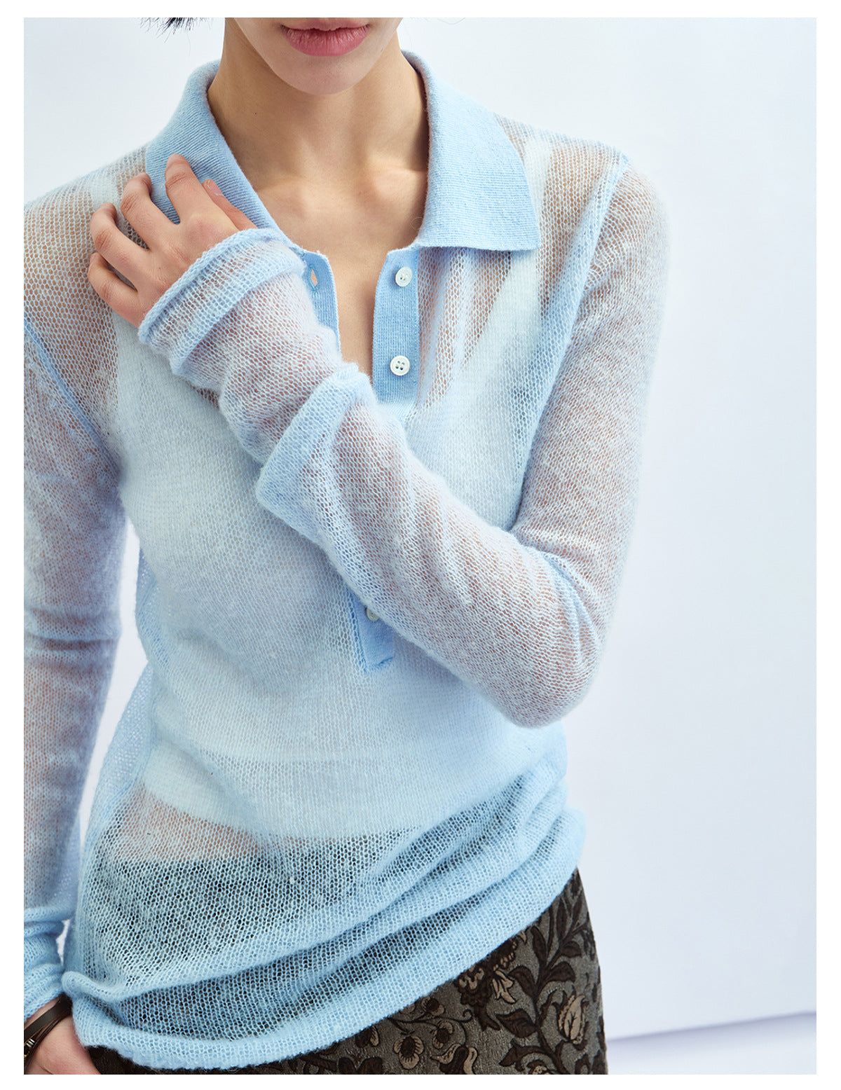 Sheer Layering Polo Collar Wool Knit Top