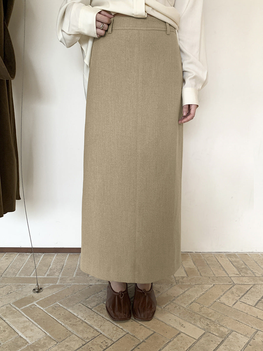 Hepburn Style Solid Color Straight Wool Skirt
