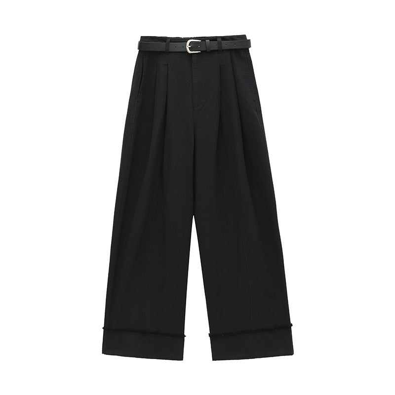 Versatile Frayed Wide-leg Pants with Belt
