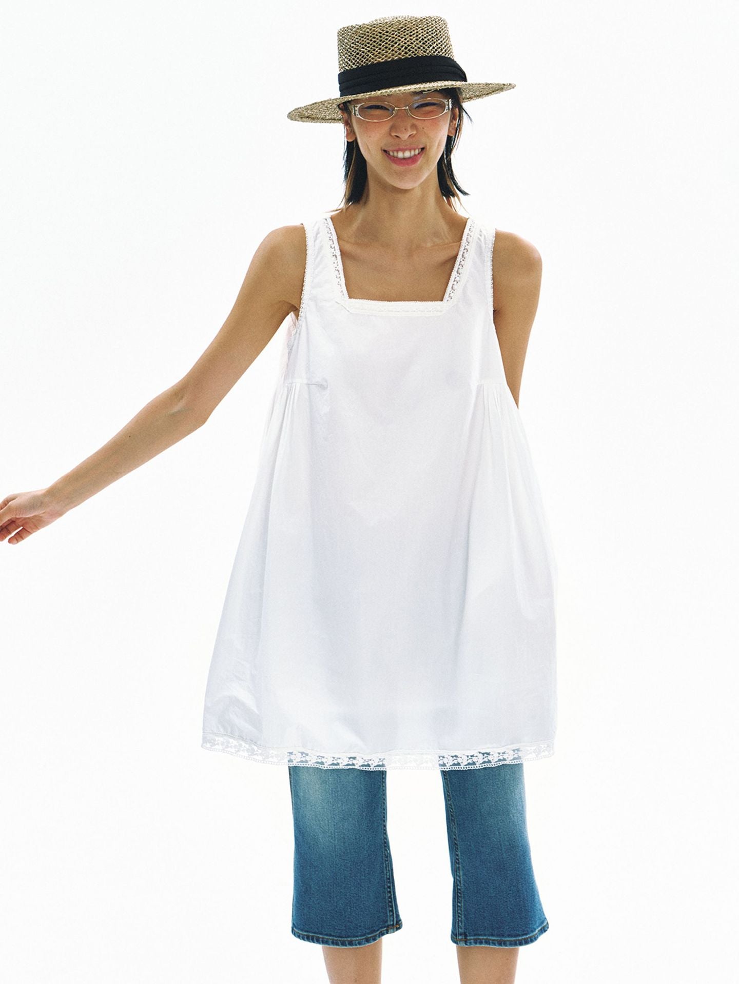 Square-Neck Vintage Style Cotton Lace Trim Dress