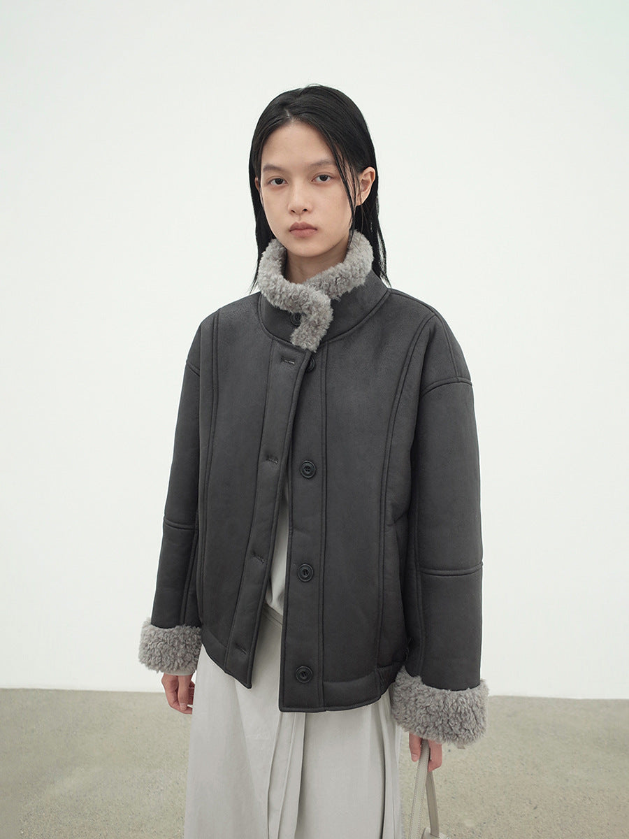 Love and Nancy Thirteen Lines Minimalist Winter Vintage Bane Style Wool Collar Patchwork Thickened Warm Fur Integrated 03511