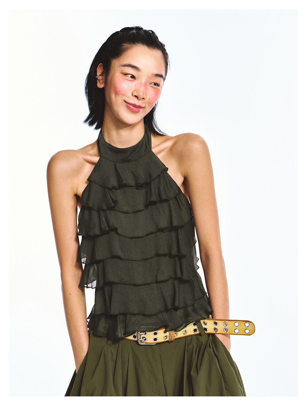 Double Crepe Lace Sleeveless Backless Halter Neck Top