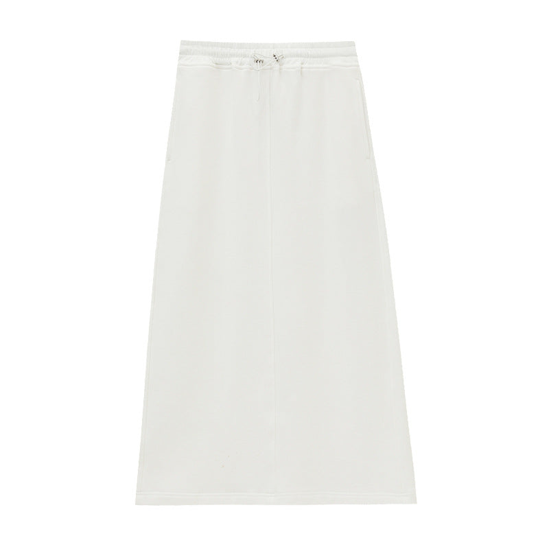 Pure Cotton Elastic Waist Slit Casual Midi Skirt