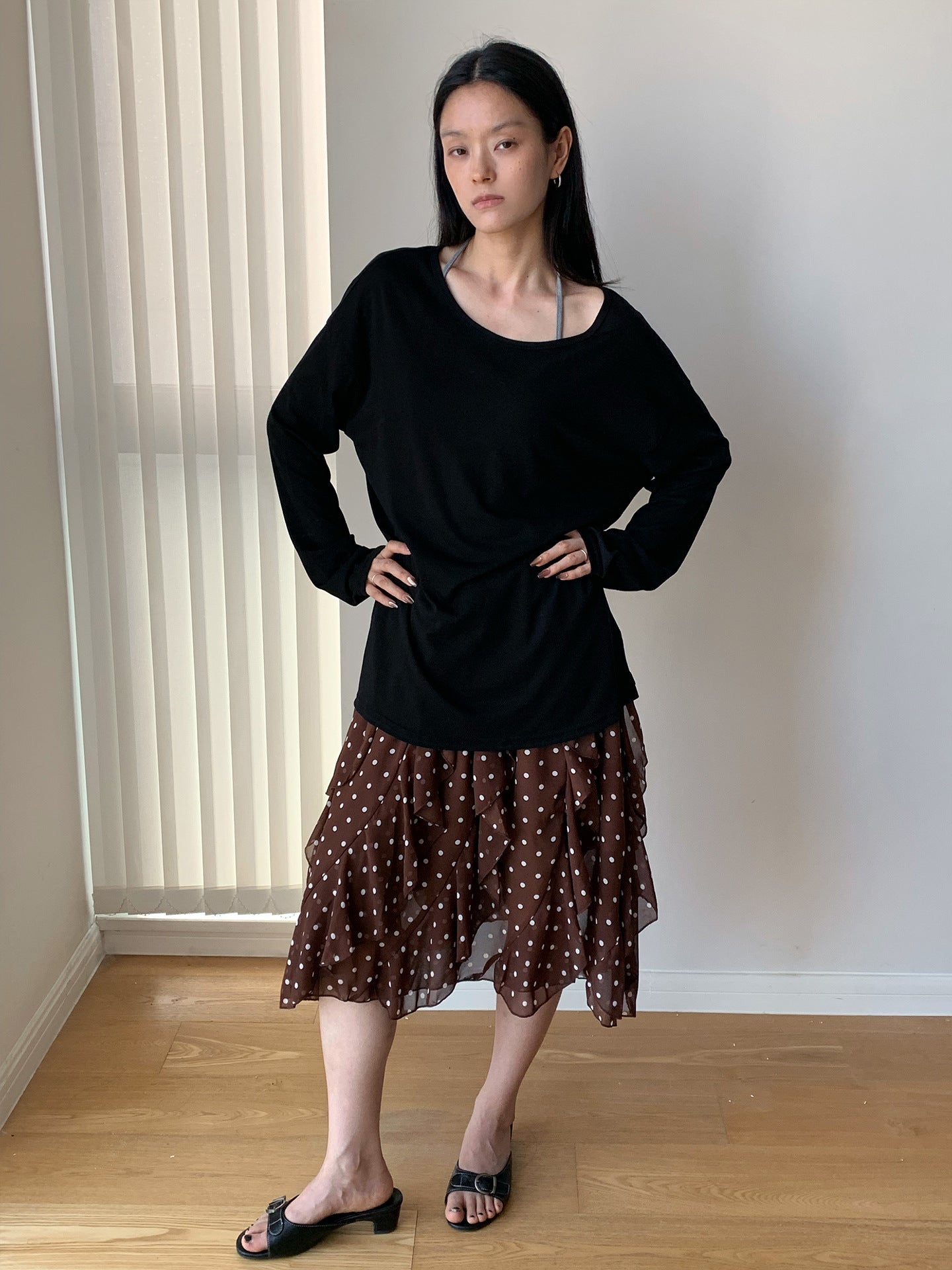 Polka Dot Print Patchwork Irregular Hem Midi Skirt