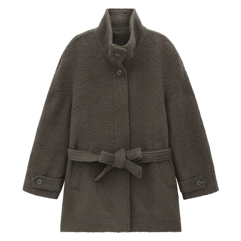 Solid Color Alpaca Warm Wool Coat with Waist Belt