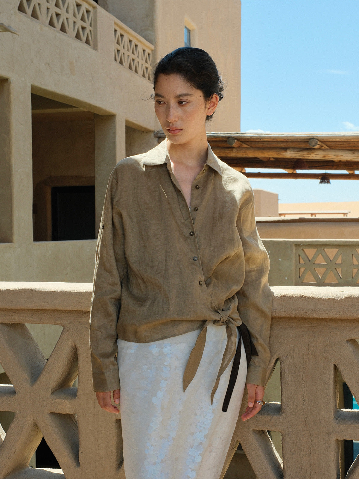 Linen Lapel Hem Waist-Cinching Two-Piece Long-Sleeve Shirt