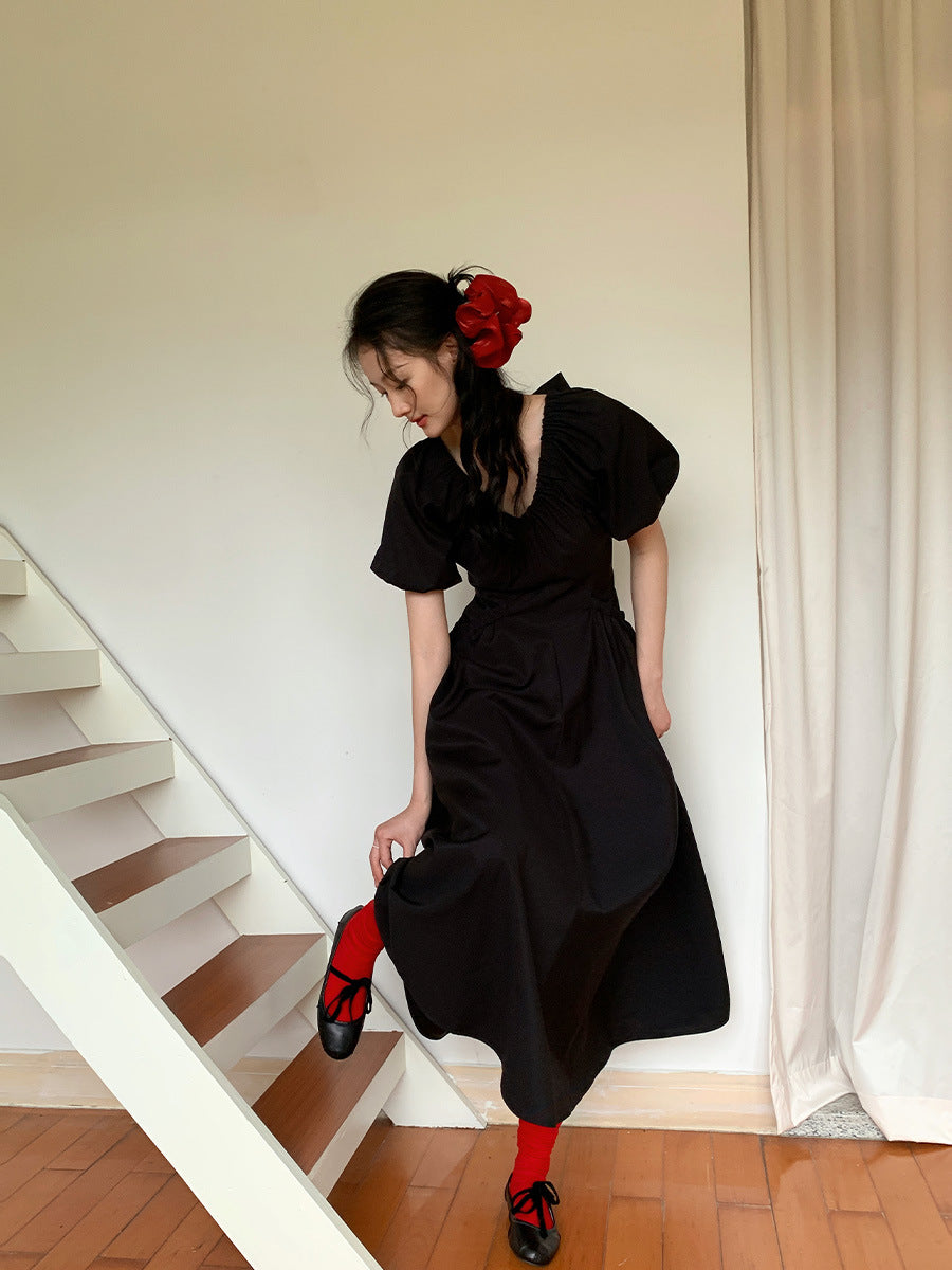 V-Neck Puffy Dress with Large Pockets