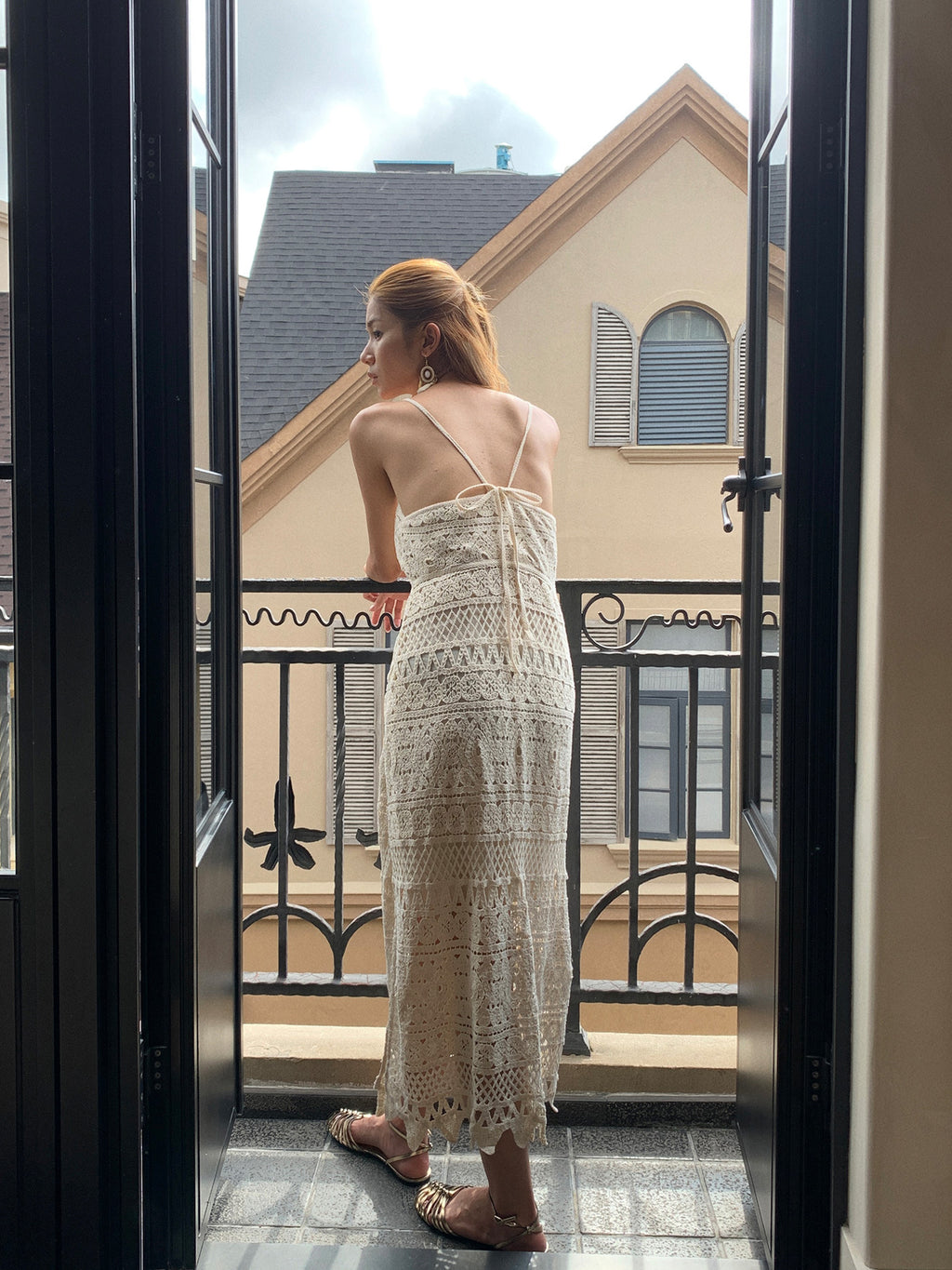 Hollow Crochet V-neck Spaghetti Strap Backless Maxi Dress