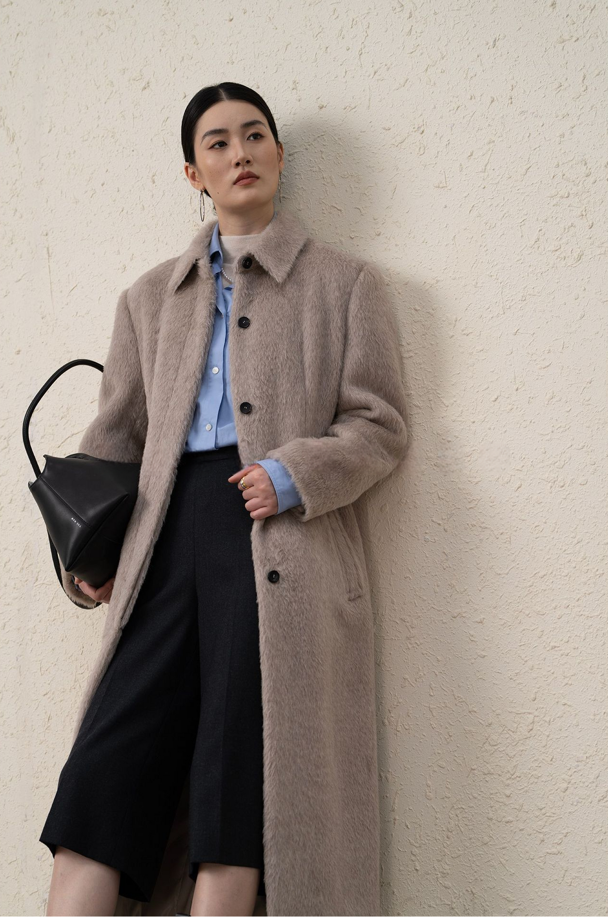 Suri Alpaca & Merino Wool Buttoned Shearling Long Coat