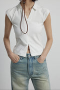 V-neck Fitted High-stretch Multi-wear Knit Zipper Slim Top
