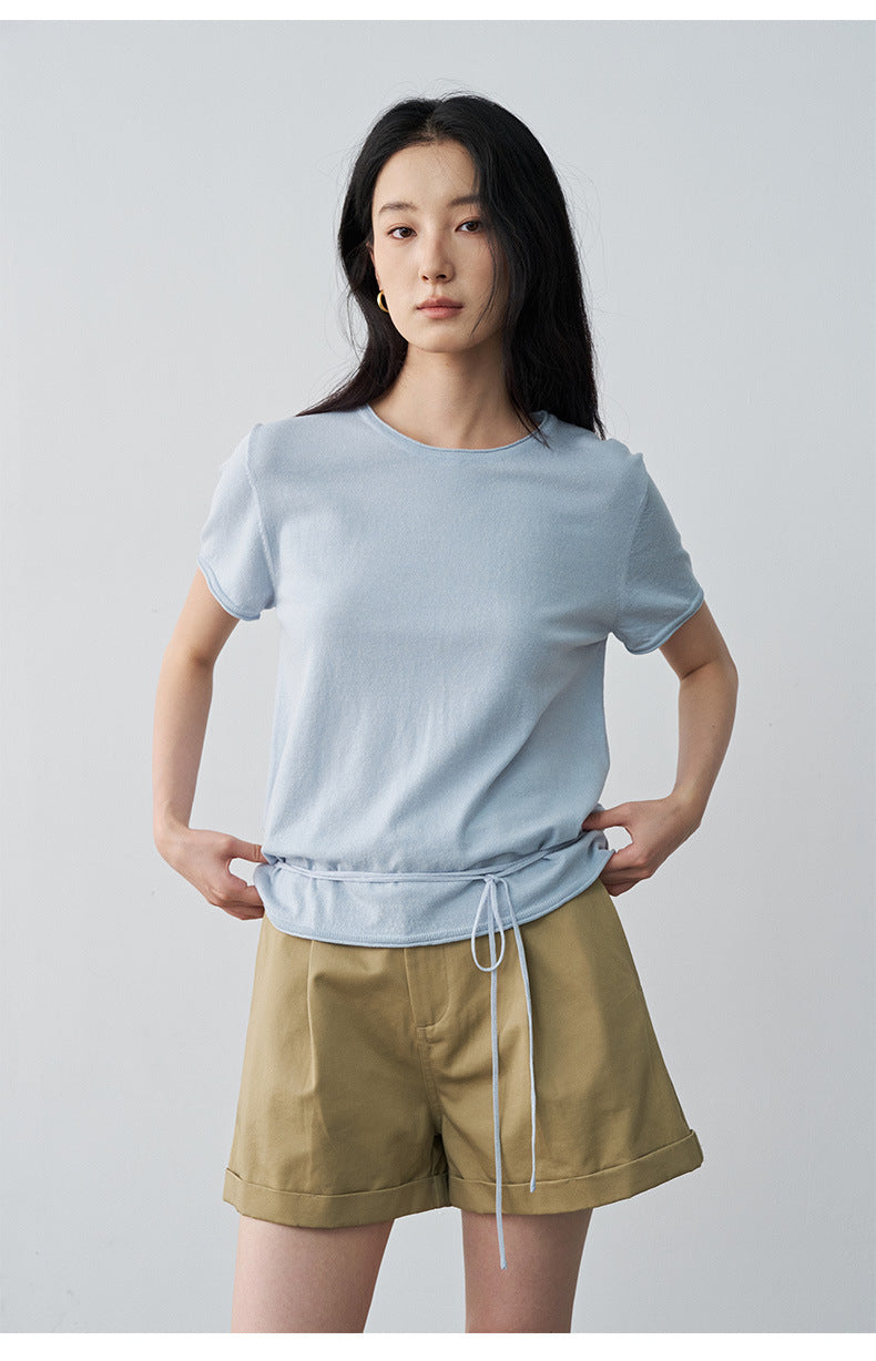 Pleated Mid-rise Rolled Edge Straight Leg Shorts