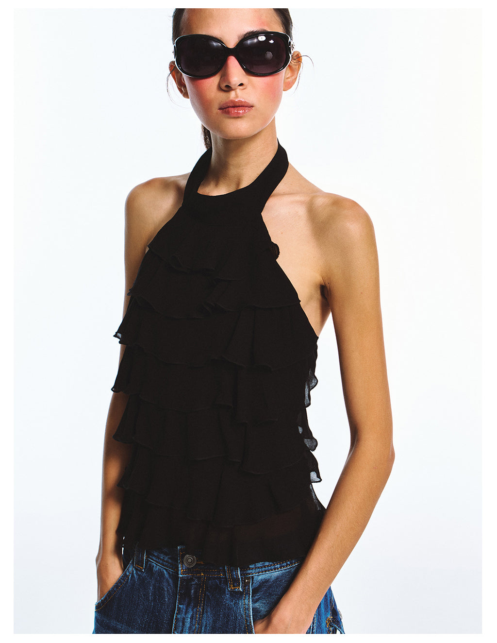Double Crepe Lace Sleeveless Backless Halter Neck Top