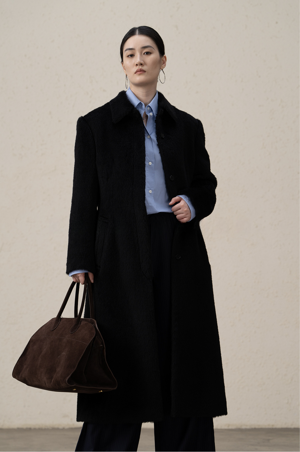 Suri Alpaca & Merino Wool Buttoned Shearling Long Coat