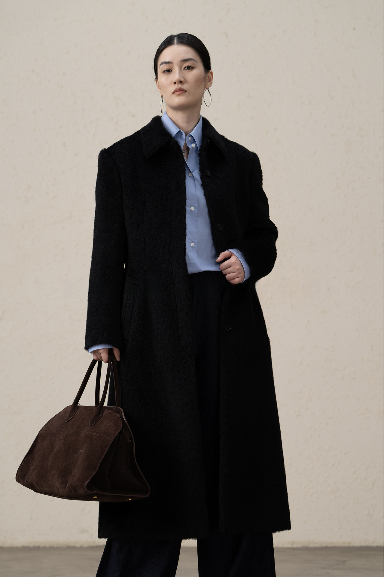 Suri Alpaca & Merino Wool Buttoned Shearling Long Coat