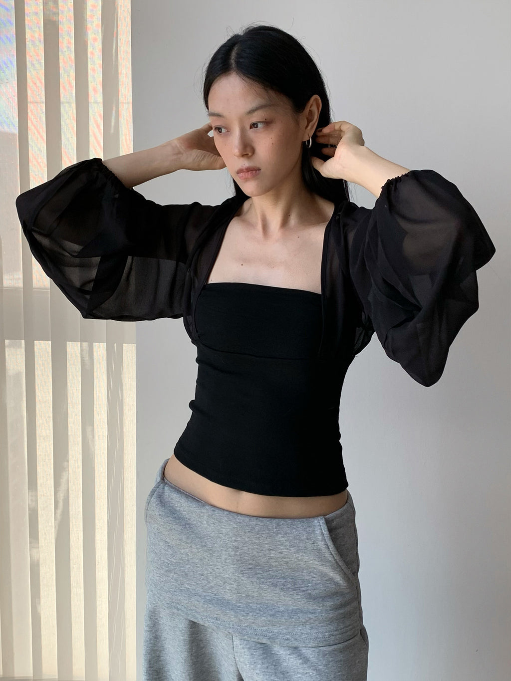 Mesh Lantern Long Sleeve Square Neck Top