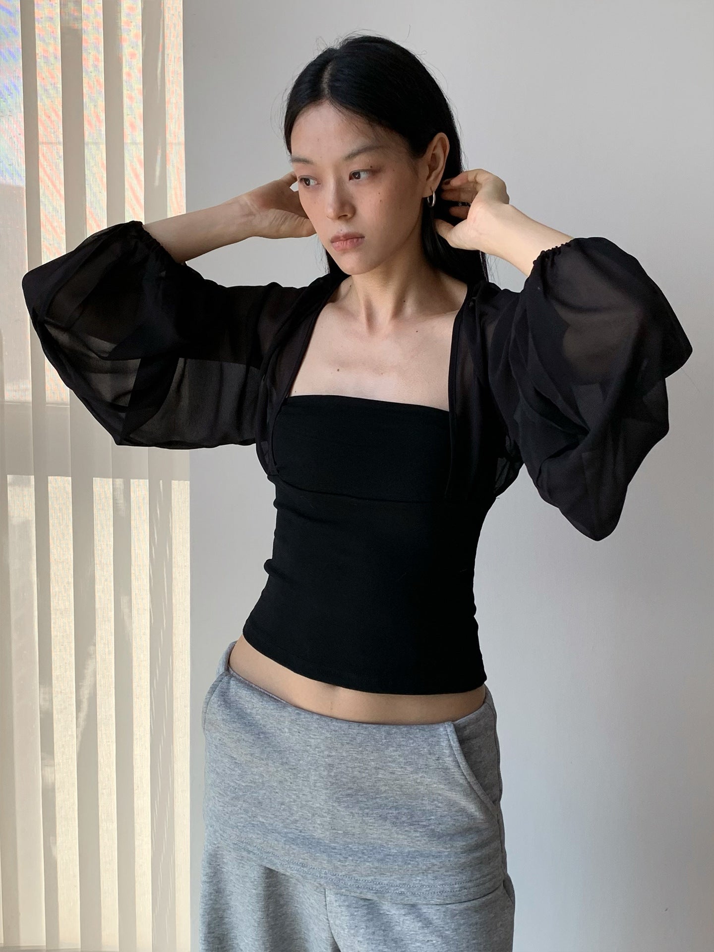 Mesh Lantern Long Sleeve Square Neck Top