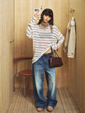 Soft Ultra-fine Wool Off-shoulder Striped Long-sleeve Top