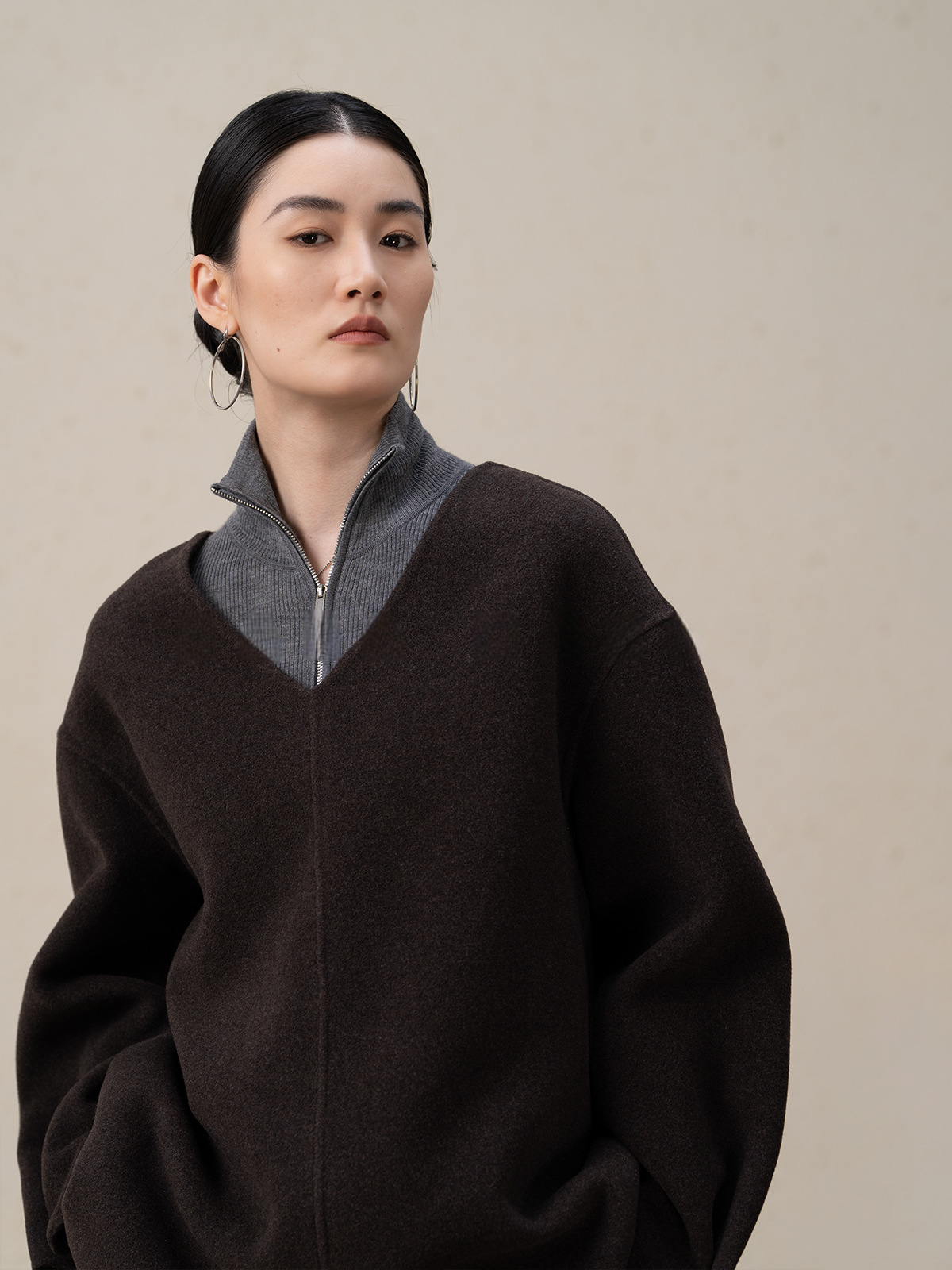 Merino Wool & Cashmere Double-Sided V-neck Coat