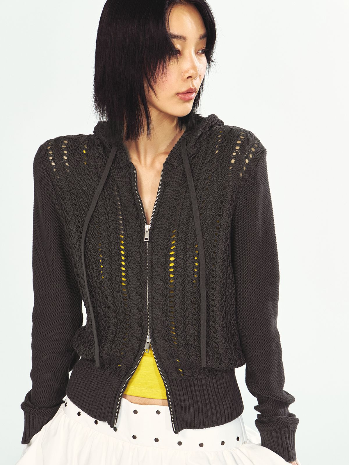 Openwork Cable-Knit Zip-Up Hooded Cardigan