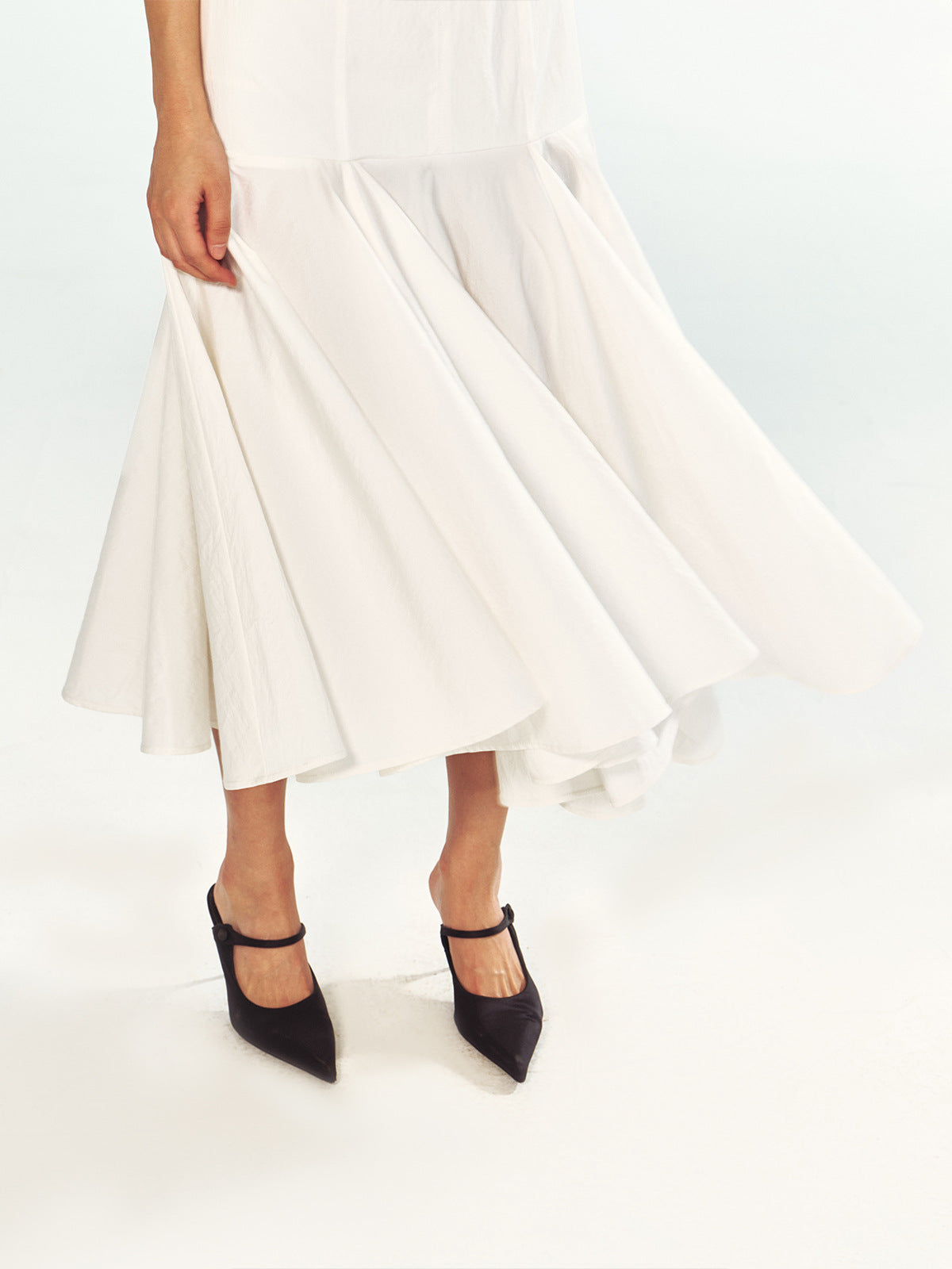 Square-Neck Fitted Bodice Midi Dress with Gathered Flare Skirt