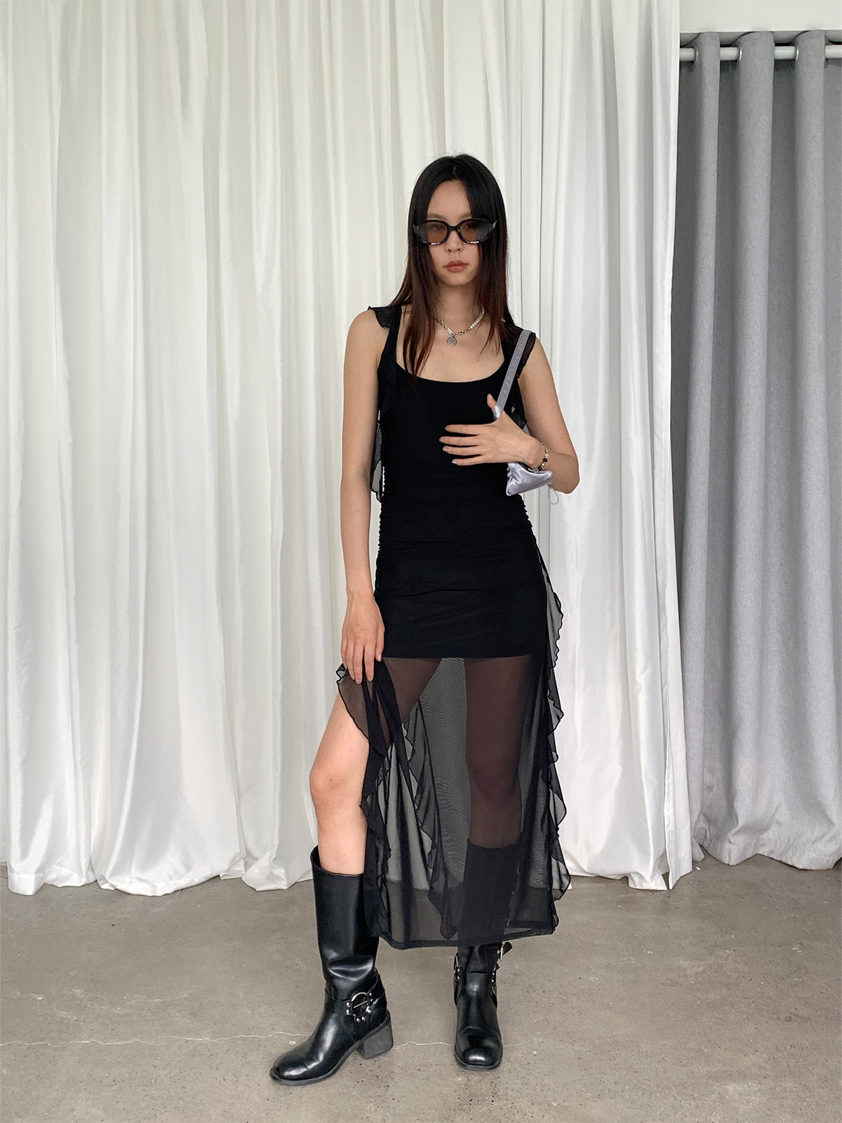 Side High Slit Ruffled Mesh Slip Dress