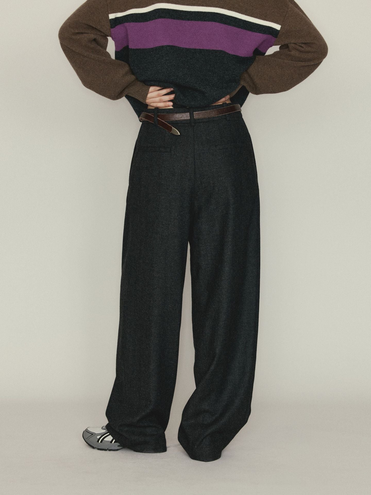 Versatile Herringbone Wool Blend Low-waisted Casual Trousers