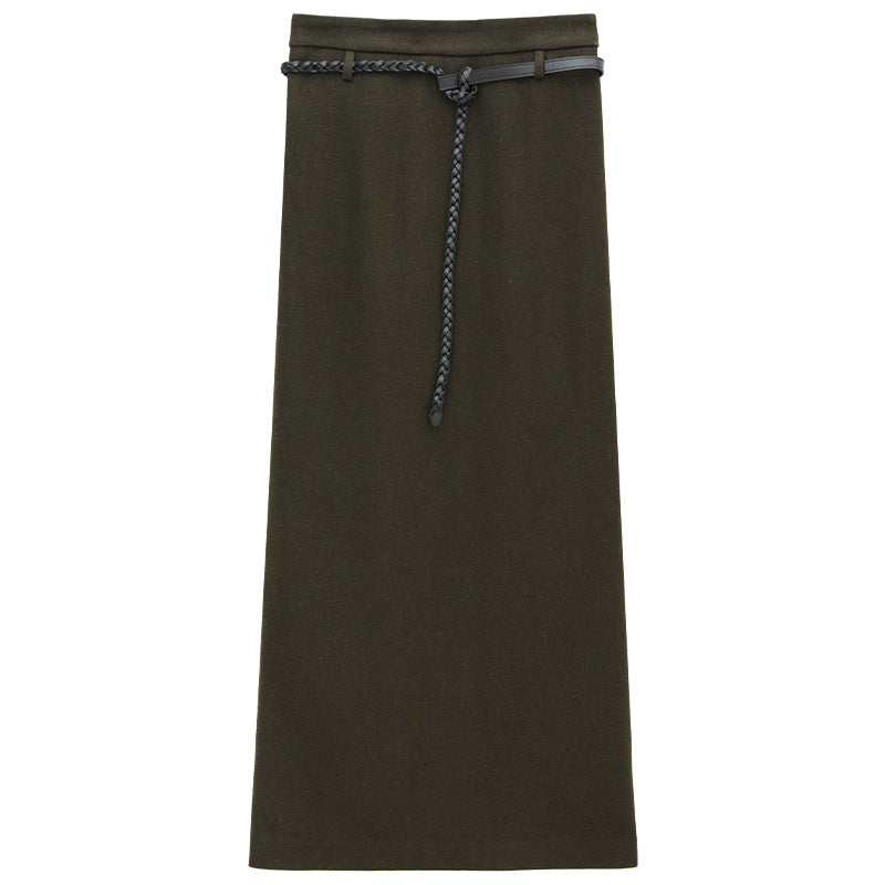Hepburn Style Wool Straight Cut Maxi Skirt with Stylish Rope Belt