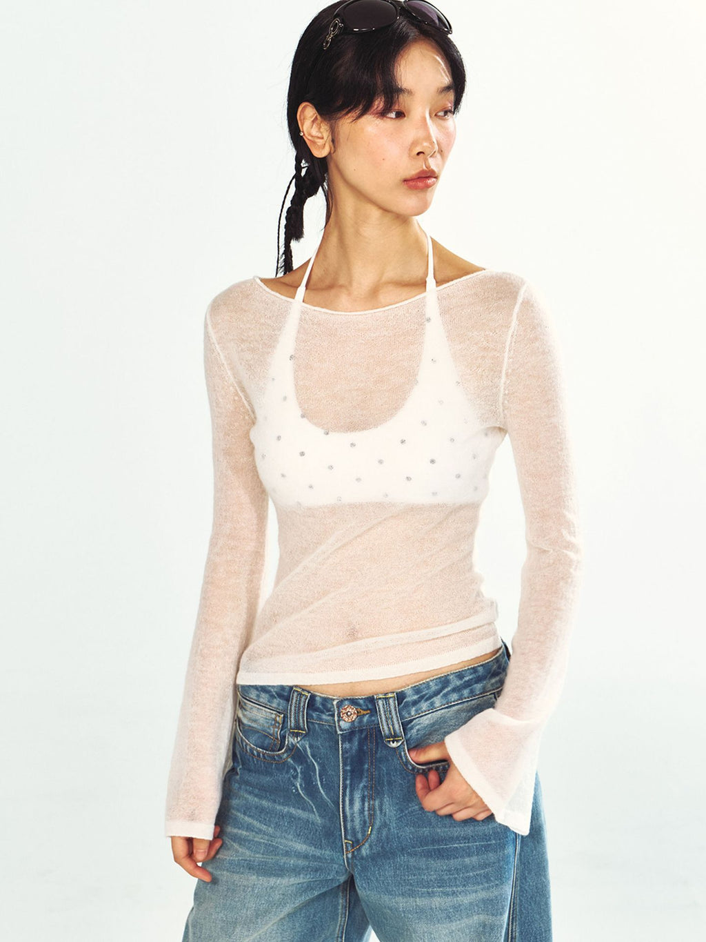 Ultra-fine Sheer Long-sleeve Boat-neck Knit Top