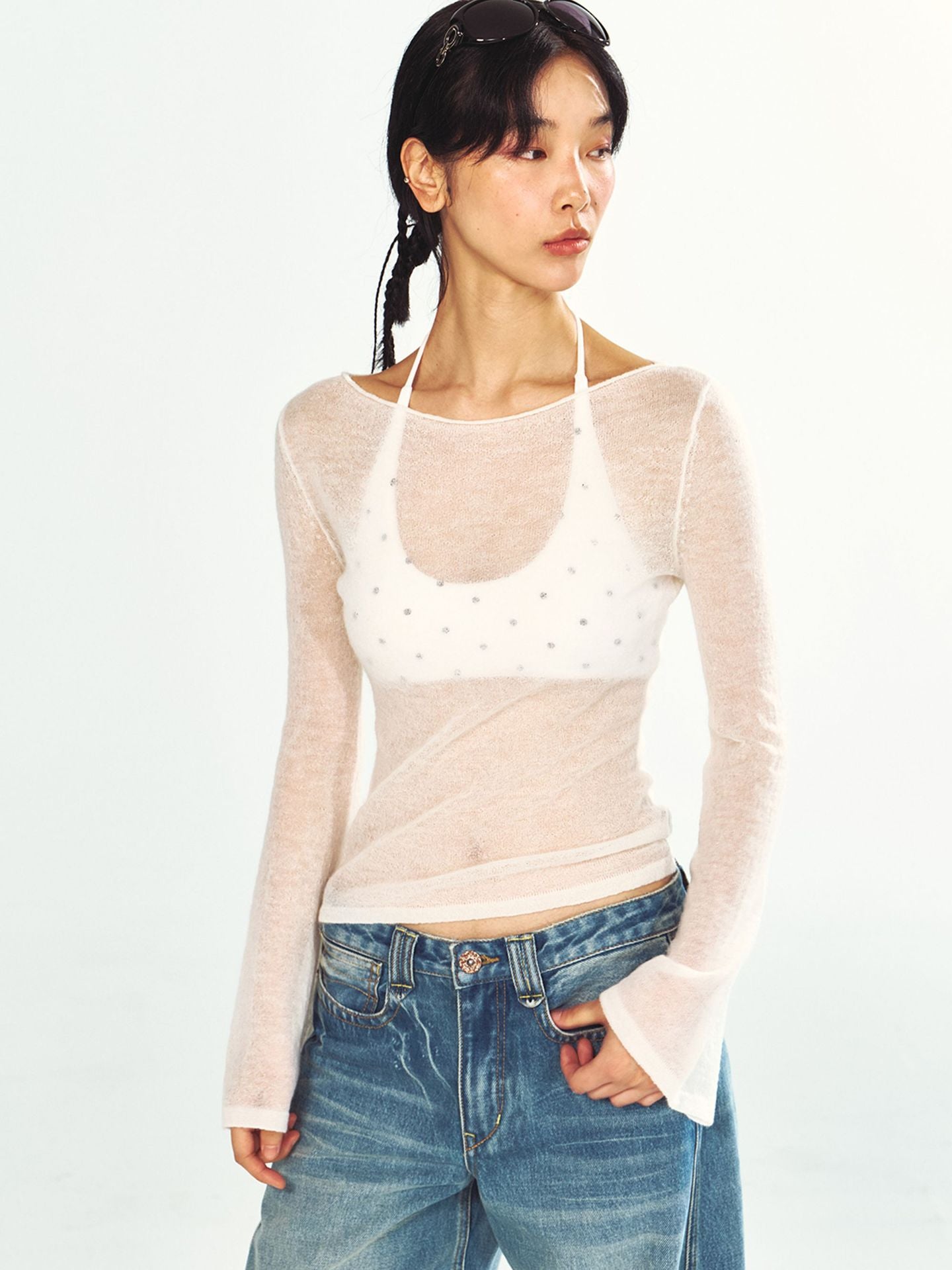 Ultra-fine Sheer Long-sleeve Boat-neck Knit Top