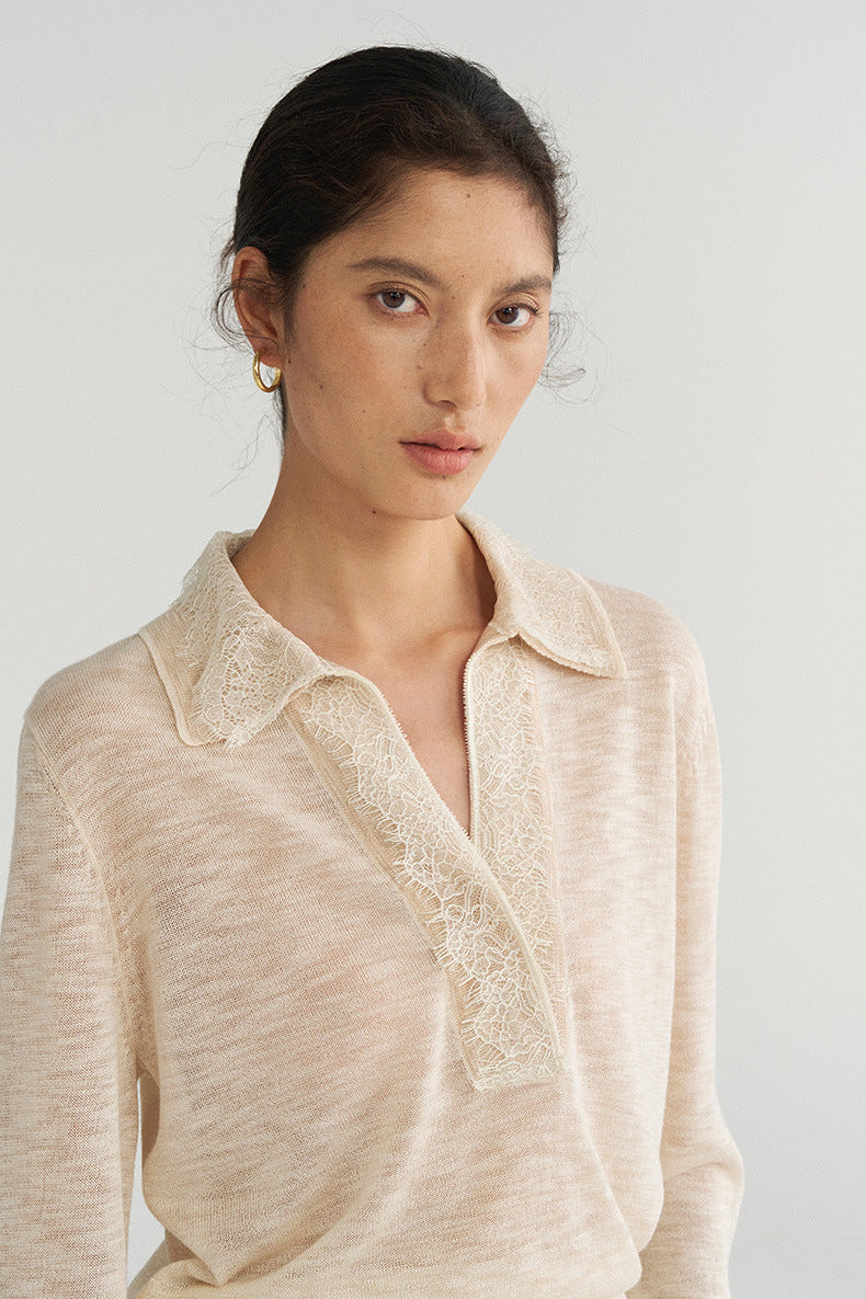 V-shaped Lace Patchwork Long Sleeve Knit Top