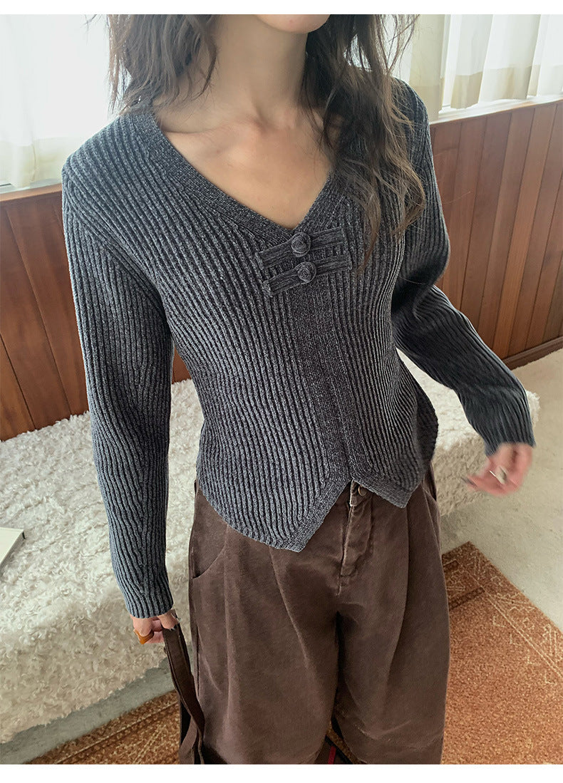 Frog Button V-Neck Striped Long-sleeve Slim-Fit Sweater