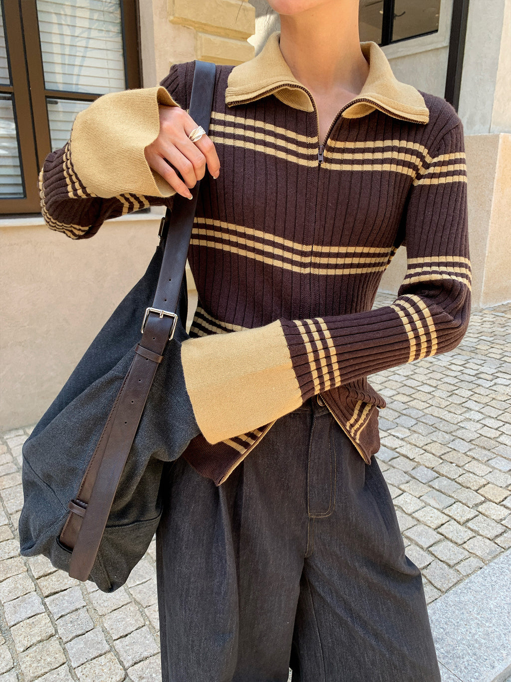 Flared Sleeves Slim Striped Zip-Up Knitted Sweater Cardigan Top
