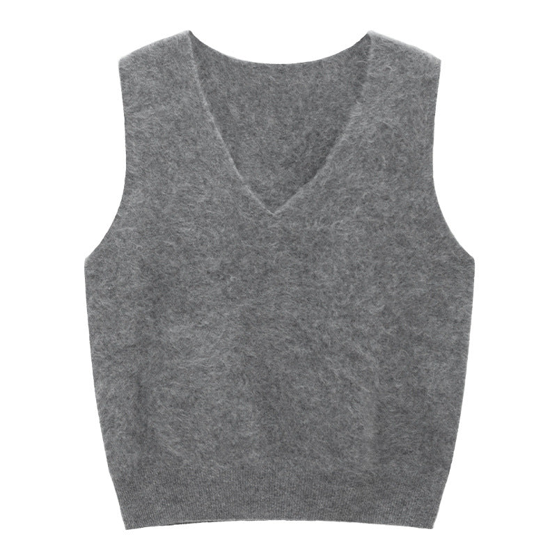 Fuzzy Wool Cashmere V-Neck Sleeveless Sweater Vest