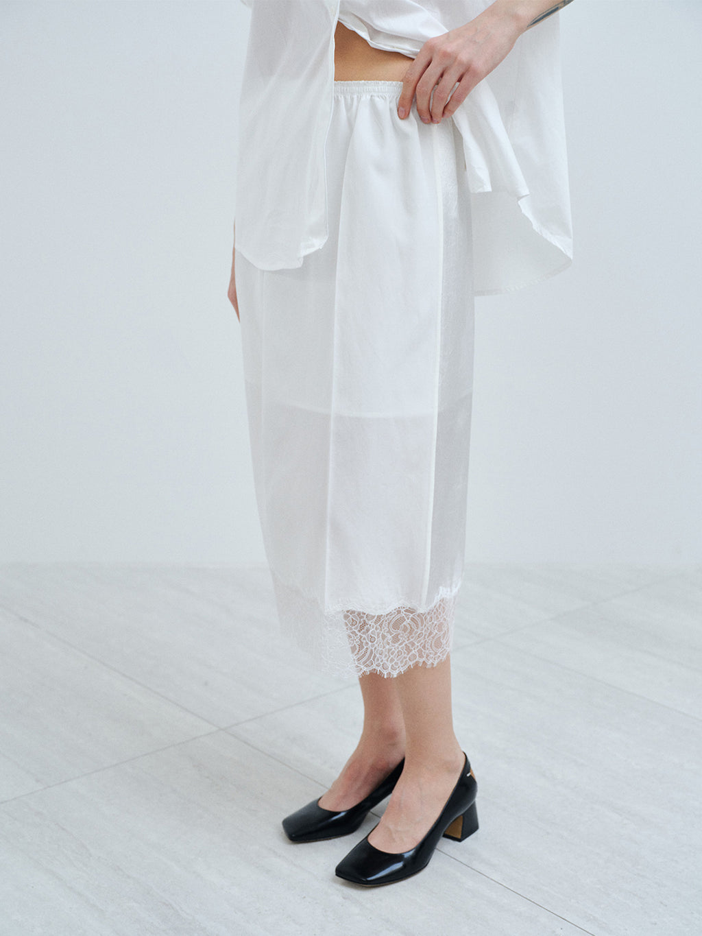 Satin Lace Hem Slip Midi Skirt