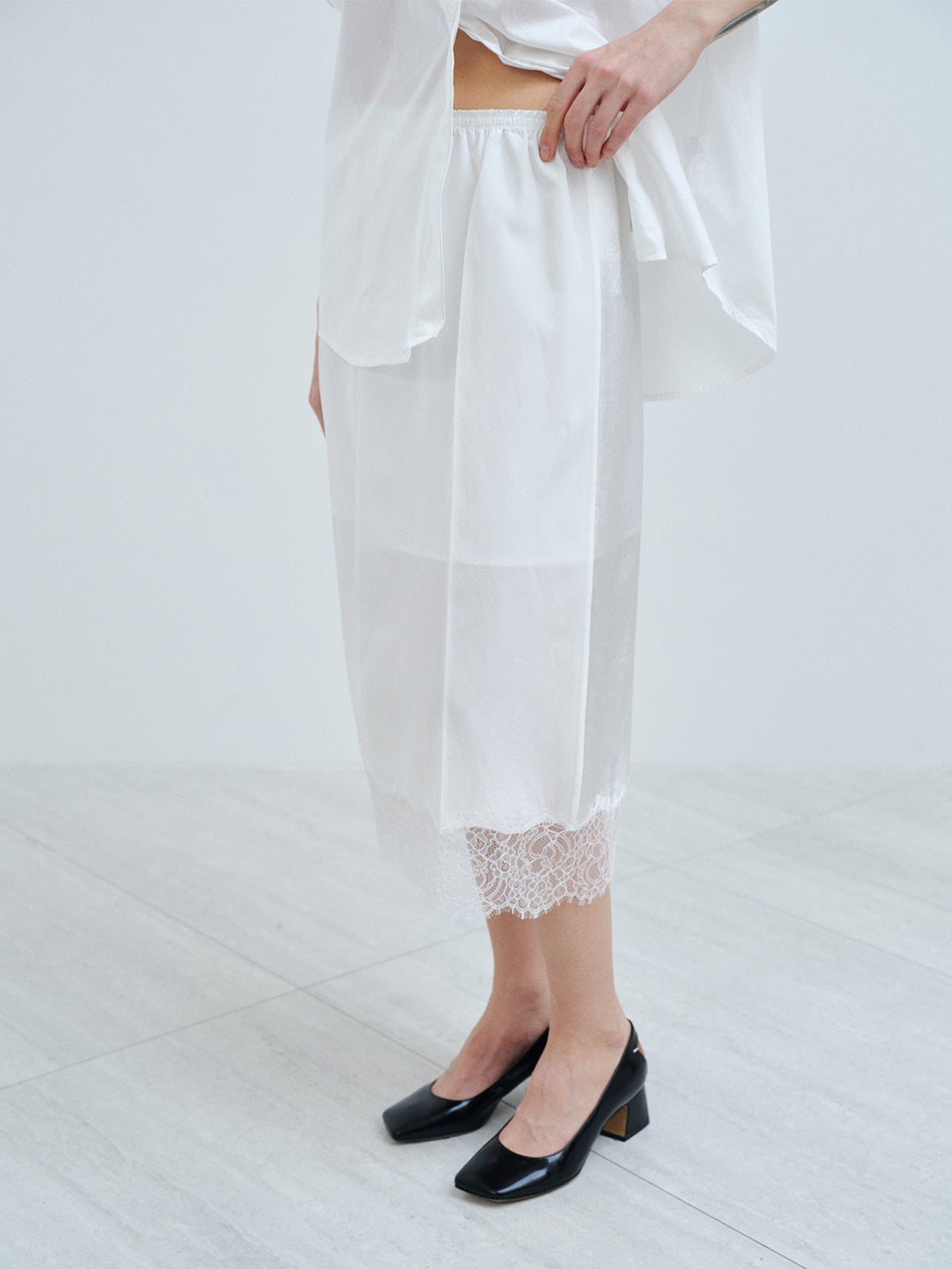 Satin Lace Hem Slip Midi Skirt