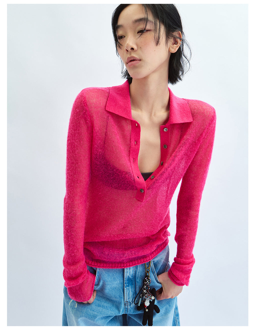 Sheer Layering Polo Collar Wool Knit Top