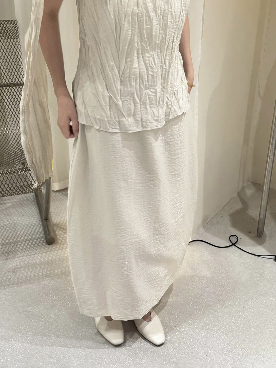 Breathable Elastic Waist Pleated Bud Half Maxi Skirt
