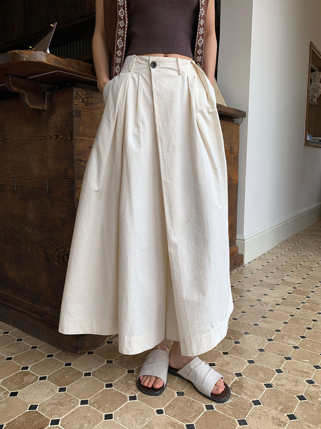 Cotton and Linen Mid-length A-Line Culottes Pants