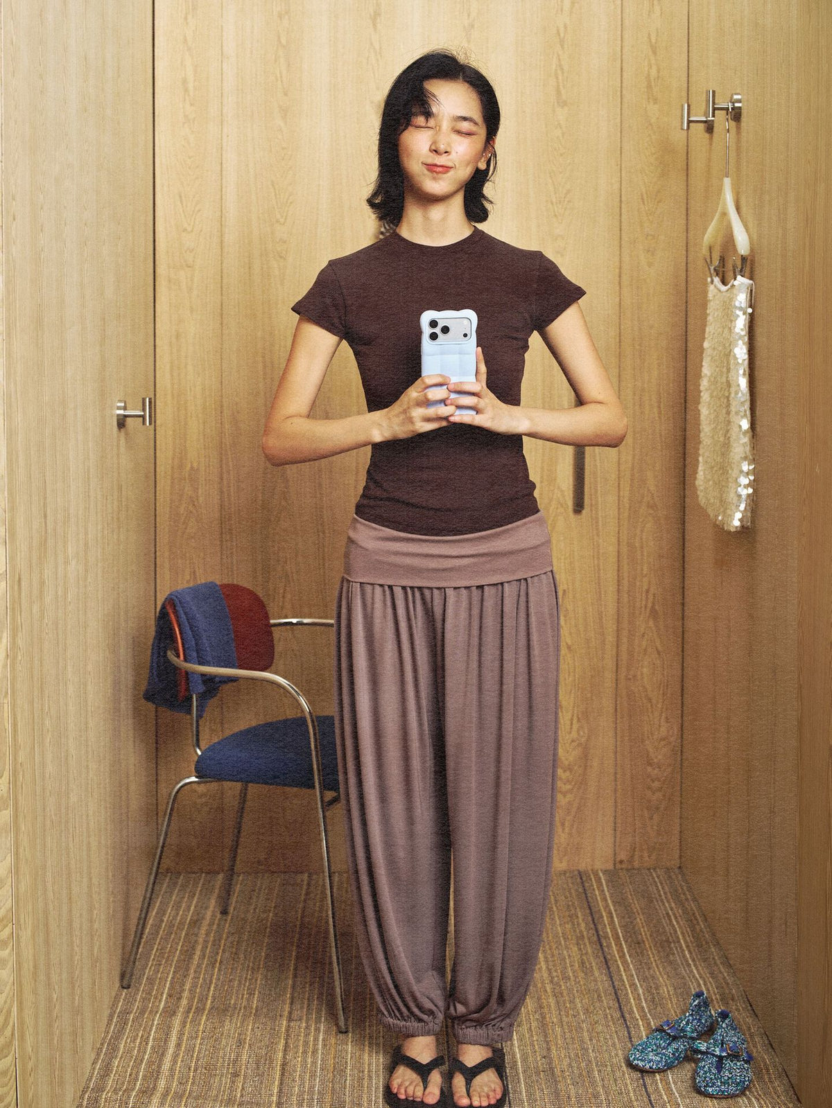 Wide Waist Folded Elastic Knit Casual Lantern Pants