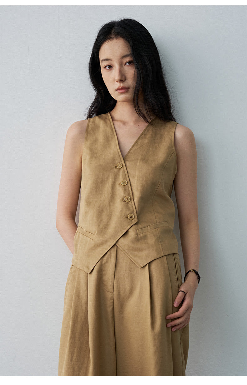 Minimalist Tencel V-neck Diagonal Vest Waist-cinching Sleeveless Top