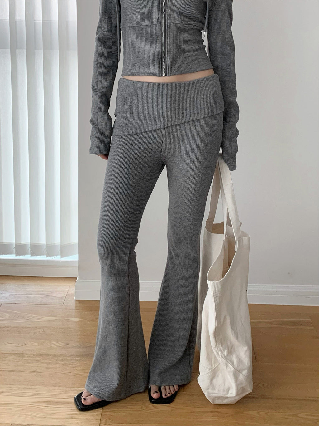 Ribbed Foldover Waist Flare Pants
