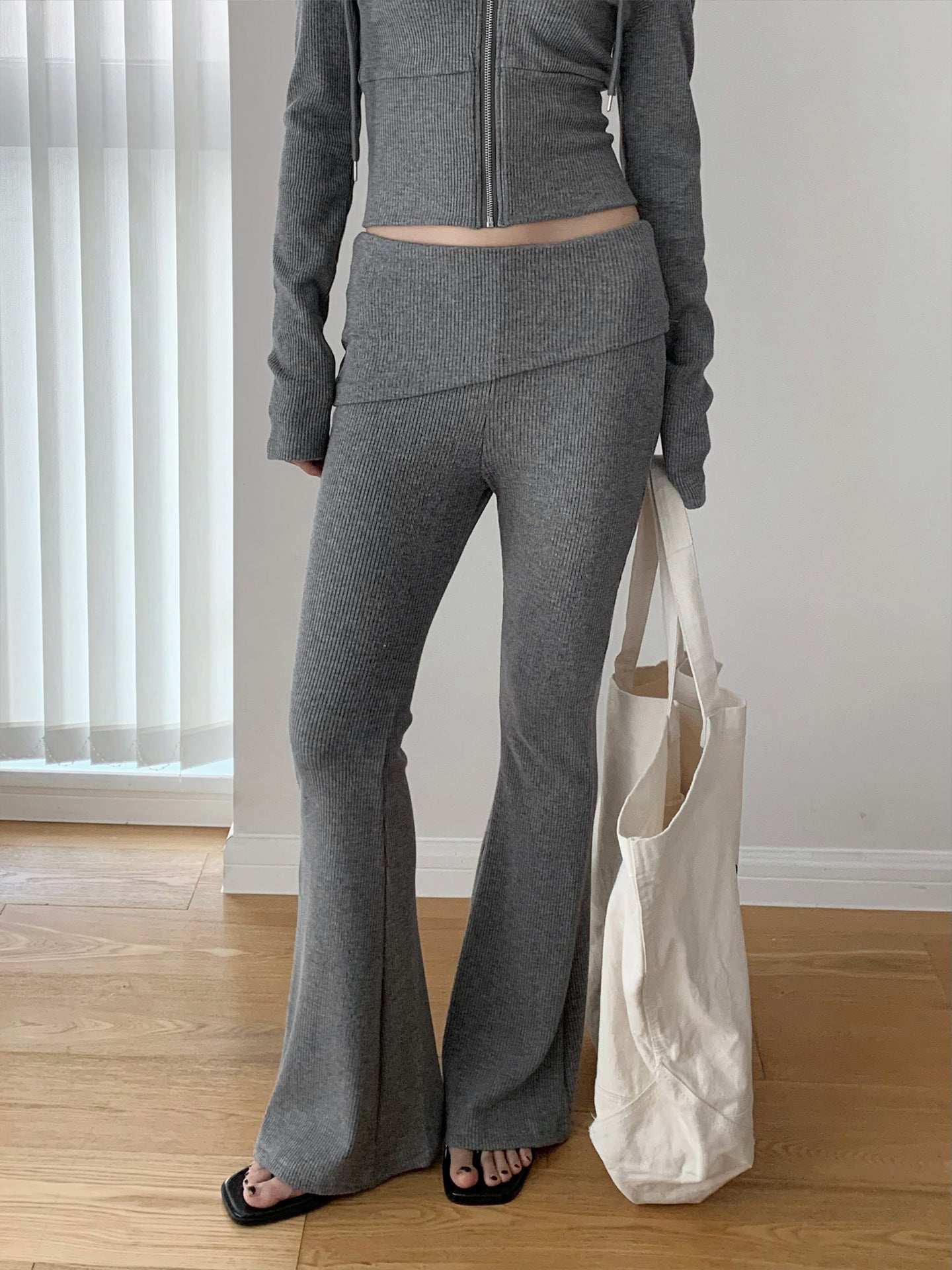 Ribbed Foldover Waist Flare Pants
