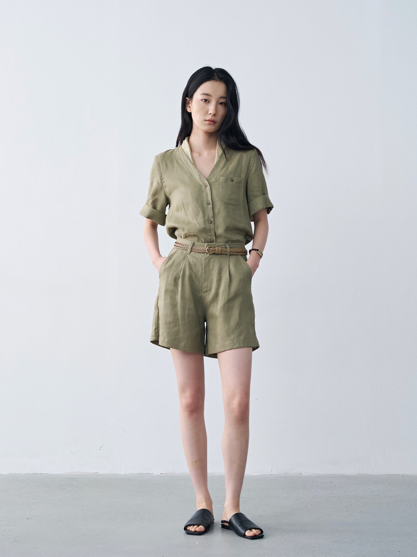 Linen Pleated Straight Casual A-Line Shorts